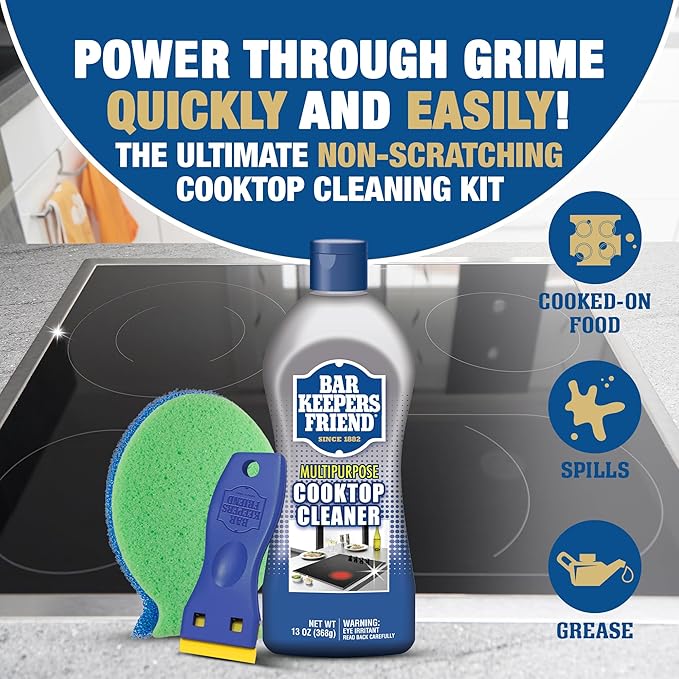 Bar Keepers Friend Cooktop Cleaner + Scraper + Dish Fish - Multipurpose Liquid Stovetop Cleanser Safe for Use on Glass or Ceramic Cooking Surfaces Copper Brass Chrome Stainless Steel &amp Porcel
