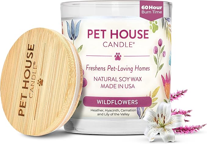 Pet House Candles Plant-Based Long Lasting Clean Burning Scented Pet Odor Candles 60 Hour Burn Time - Wildflowers 9 oz