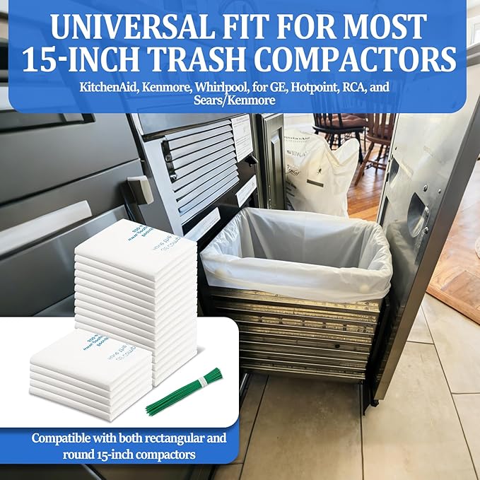 18 Gallon Heavy Duty Trash Compactor Bags WX60X1 for Most 15-Inch Trash Compactors and Garbage CansCompatible with GE KitchenAid Kenmore Whirlpoolreplaces WC60X5015(30 pack)