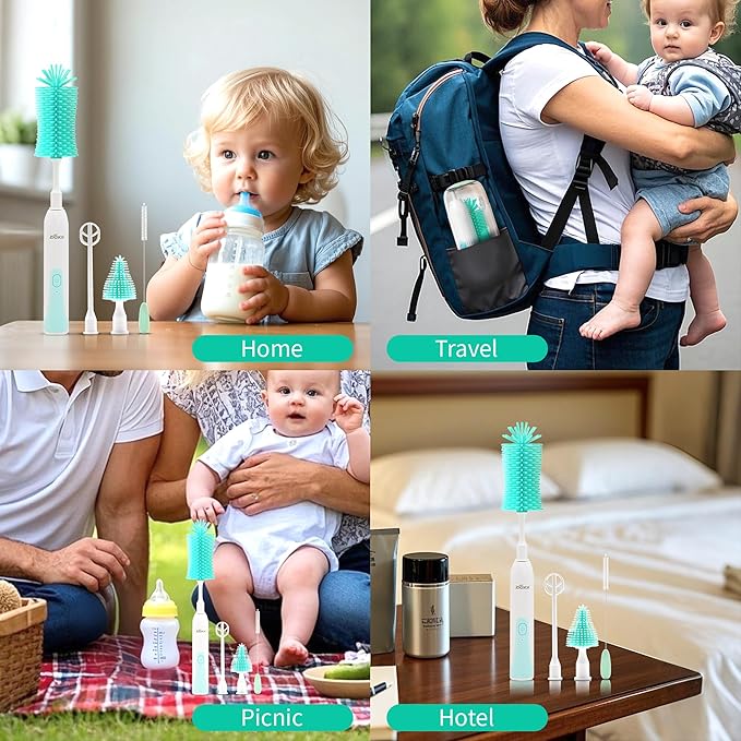 Electric Bottle Brush Cleaner Portable Electric Baby Bottle Brush Cleaner for Travel Rechargable Travel Bottle Cleaner Kit with Nipple &amp Straw Brush Perfect Mom Essentials After Birth Gift Gre