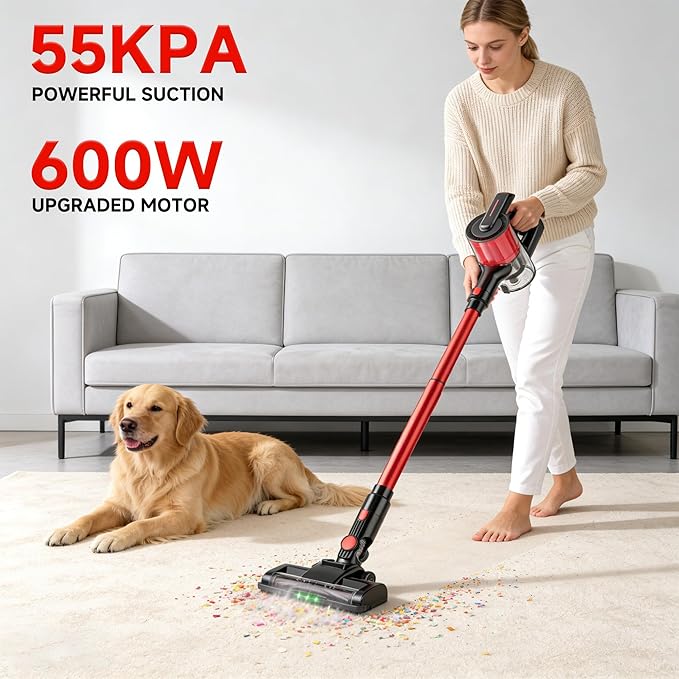 Hearten Cordless Vacuum CleanerUpgraded Stick Vacuum with LED Display Anti-Tangle Self-StandingAnti-TangleLightweightVacuum Cleaner for Home Pet Hair Carpet Hardwood Floor (A-Red)