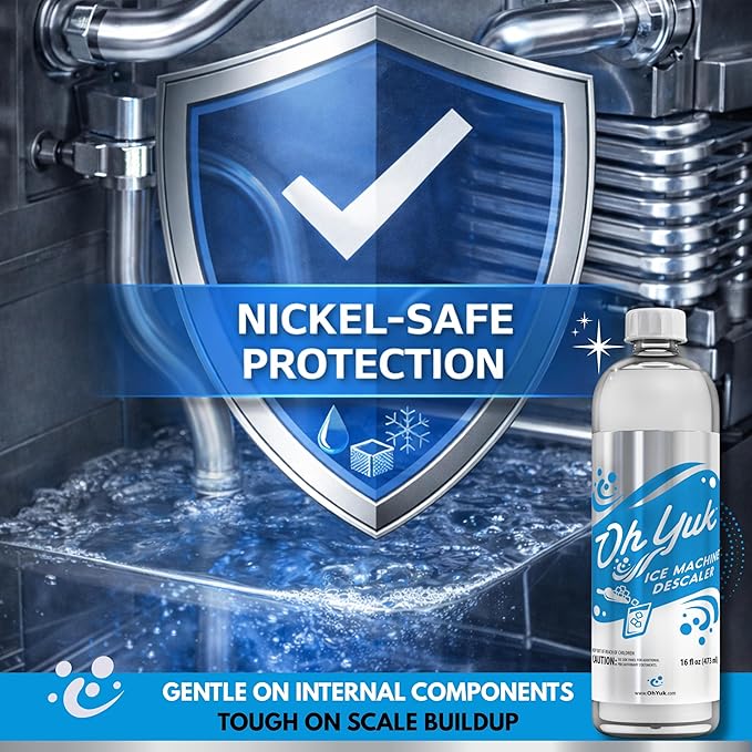 Oh Yuk Ice Machine Cleaner Descaler – Scale &amp Buildup Remover Nickel-Safe Ice Maker Cleaning Solution Compatible with GE nugget Igloo &amp All Standalone Ice Makers. For A Fresh Ice Machine