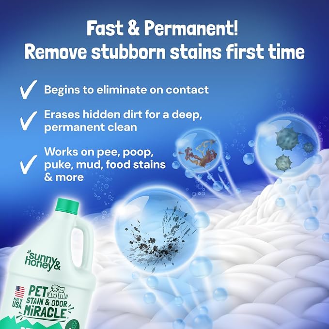 Sunny &amp Honey Pet Stain and Odor Remover - Enzyme Cleaner for Dog Urine and Poop on Carpets and Furniture - Strong Pet Carpet Cleaner Spray (1 Gallon Mint)