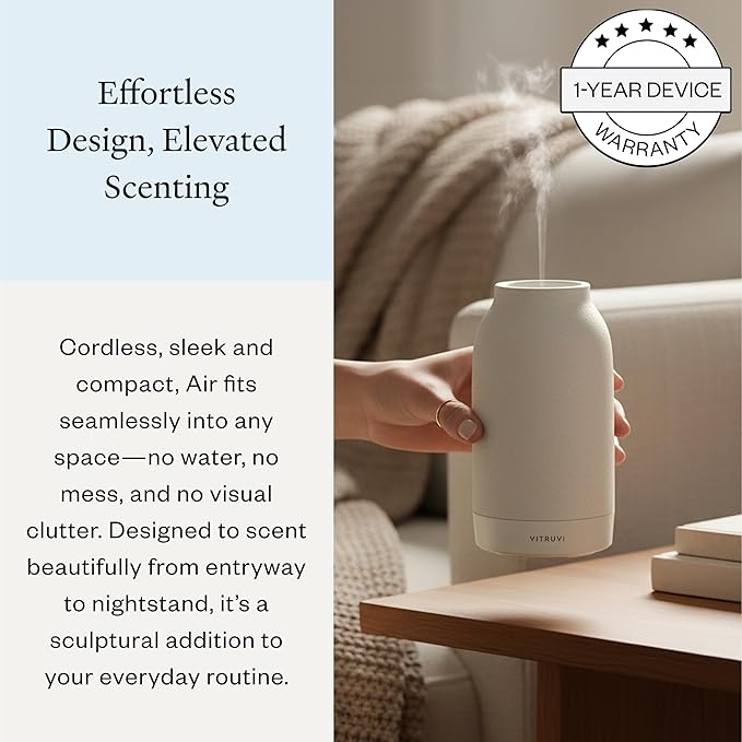 Vitruvi Air Cordless Diffuser – Portable Ultrasonic Aroma Diffuser Waterless Cold-Air Technology Up to 18-Hour Runtime Whole-Room Scent Coverage Sleek Minimalist Design