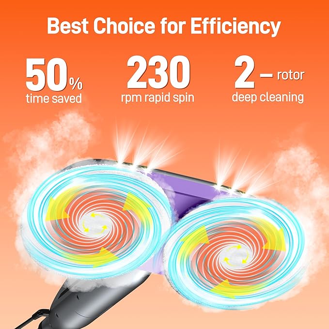 Scrub &amp Steam Mop with Rotating Mop Pads LED Headlights 6 Scrub Pads Large Tank Swivel Steering Effortless Scrubbing Hard Floor Cleaner Upgraded
