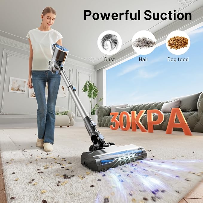 Cordless Vacuum Cleaner with Self-Standing LED Screen Stick Vacuum Cleaners for Home Lightweight Powerful Suction Vacuum 6-in-1 Rechargeable Vacuum for Carpets Pet Hair Hardwood Floors