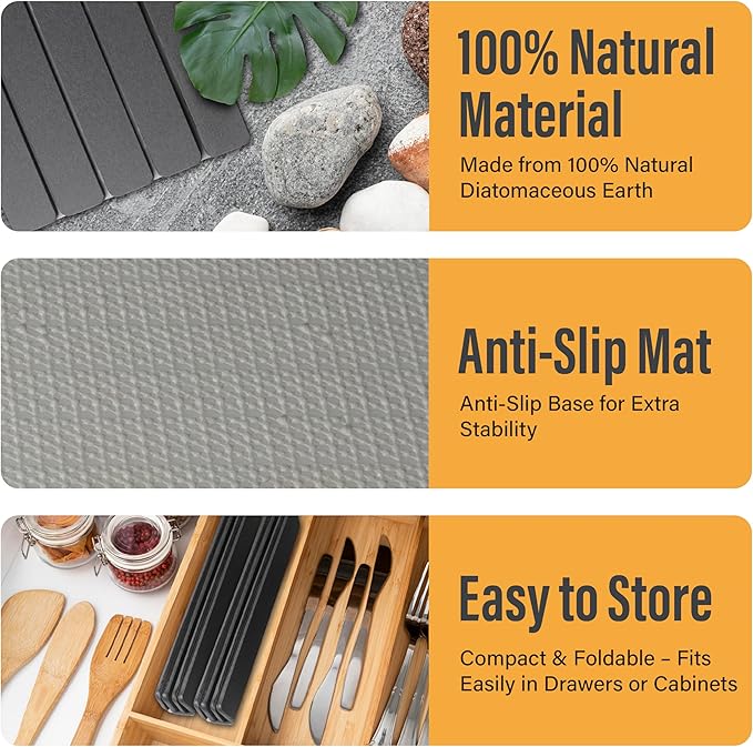 Large Foldable Stone Dish Drying Mat – Diatomaceous Earth 2 Pack (12x16 Each) or 24x16 Combined – Fast Dry Anti-Slip Pad Sanding Tool &amp Instruction Manual for Kitchen and Bathroom Dark Gra
