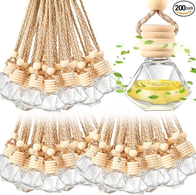 Domensi 200 Pcs Car Diffuser Bottles Air Freshener Bulk Hanging Empty Glass Perfume Bottles Refillable Air Freshener Pendant Fragrance Vials Ornament Decor with Wooden Caps String(Classic)
