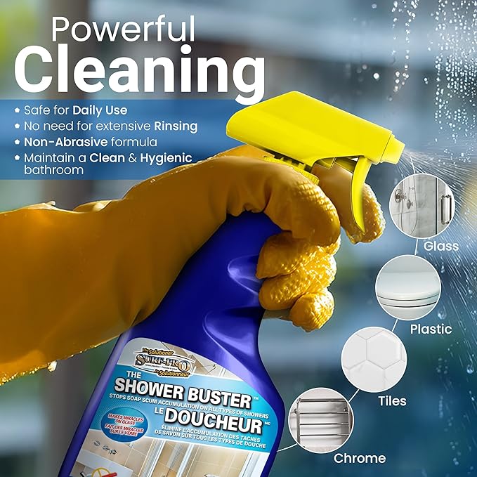 SURF PRO Shower Glass Door Cleaner – Shower Buster Spray for Soap Scum &amp Hard Water Stains – No Scrub Bathroom Cleaner for Glass Tile Chrome Ceramic RV and Septic Safe (500ml / 16.9oz)