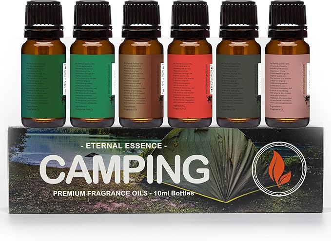 Eternal Essence Oils Camping Set of 6 Premium Fragrance Oils - Includes Warm Rustic Woods Fire Amber Pine Sandalwood Frankincense &amp Rain and Woodland Bay Scented Oils - 10ML