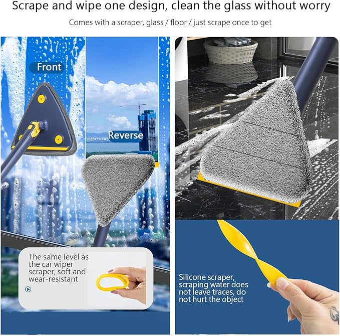 360° Rotatable Adjustable Cleaning MopTriangle Shaped Wall Mop with SqueegeeTelescopicLong Handle Microfiber DustWet and Dry Usefor WallCeilingWindowBaseboard-White||4 Cloth