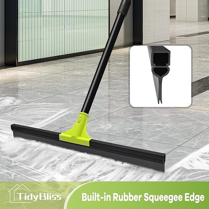 Floor Squeegee Heavy Duty 24” Rubber Foam Water Scraper Broom Epoxy Wiper Mop with 62 inches Long Handle for Cleaning Concrete Pool Rug Garage Deck Shower Window Outdoor Indoor (Green)
