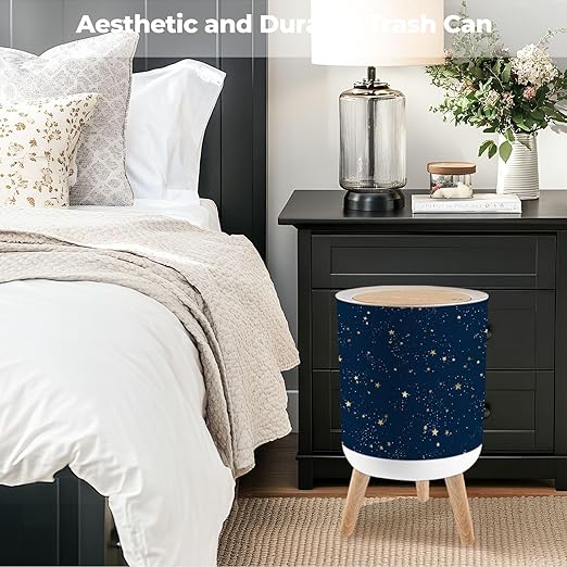 Bathroom Trash Can with Lid Seamless Galaxy Blue Gold Constellations Stars Golden Space Garbage Bin Waste Basket for Kitchen Office Bedroom Decoration Diaper Pail 1.8 Gallon
