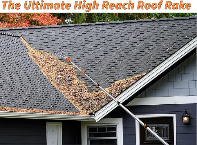 5-24 ft Telescoping Roof Rake 30 ft Reach // Collapsible Roof Rake for Leaves and Pine with Extension Pole // Roof Cleaning Tool for Gardening and Lawns // High Reach Adjustable Metal Leaf Raker