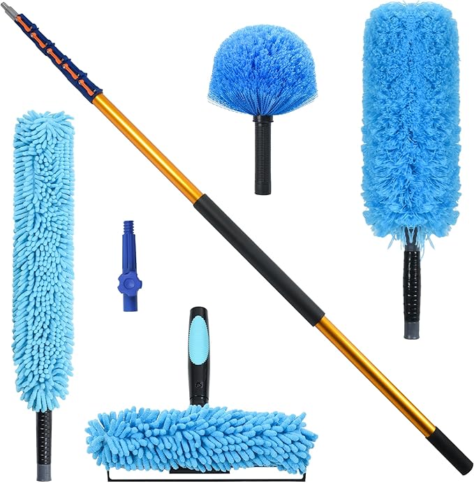 30 FT High Reach Cleaning Kit with 7-30 Foot Telescoping Extension Pole Flexible Ceiling Fan Duster Microfiber Feather Duster Cobweb Duster &amp Window Squeegee &amp Washer