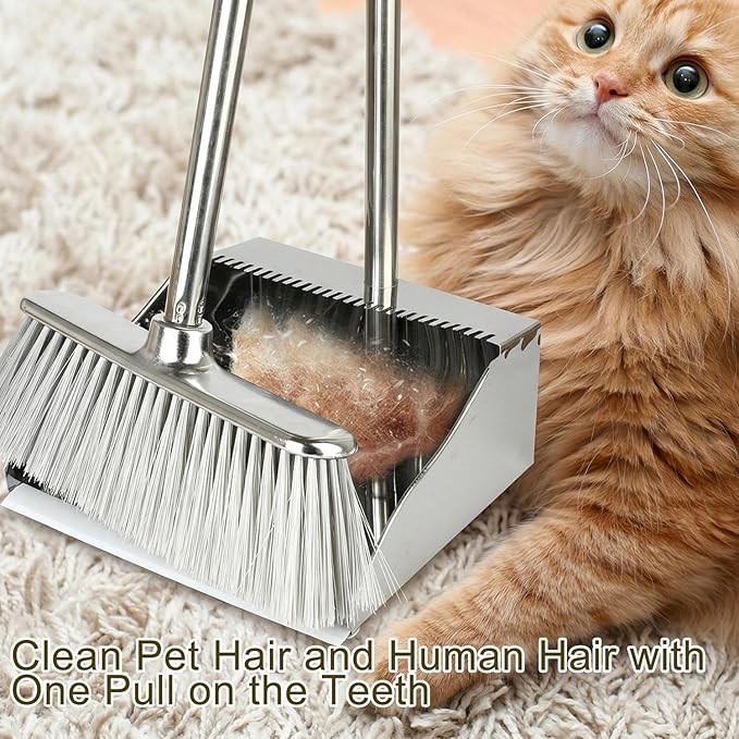 Metal Dustpan with Broom Set Long Handle Stainless Steel DustpanHeavy Duty Standing Dust Pan with Teeth Indoor Outdoor Up for Home Kitchen Lobby Room Office
