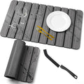Foldable Stone Dish Drying Mat for Kitchen Counter 24” x 16” Large Diatomaceous Earth Quick Dry Mat Absorbent Sink Tray with Brush for Dishes Cups and Bottles