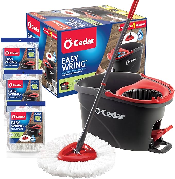 O-Cedar Easywring Microfiber Spin Mop &amp Bucket Floor Cleaning System with 3 Extra Refills