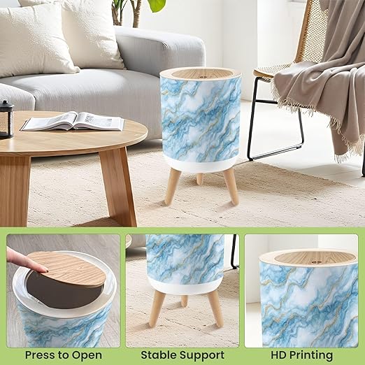 Bathroom Trash Can with Lid Abstract White Blue Marble Gold Glitter Veins Fake Stone Texture Garbage Bin Waste Basket for Kitchen Office Bedroom Decoration Diaper Pail 1.8 Gallon