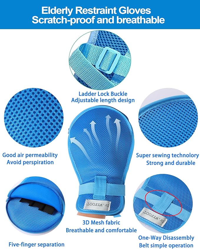 Dementia Restraint Mitts - Anti-Scratch &amp Anti-Pull Safety Gloves for Elderly Reusable with Finger Separation Design