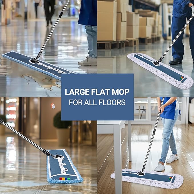MASTERTOP Industrial Mop Extra Large Floor Mop with Microfiber &amp Cotton Pad Heavy Duty Flat Mops Commercial Dust Mop for Cleaning Office Garage Mall Hotel Home Floors