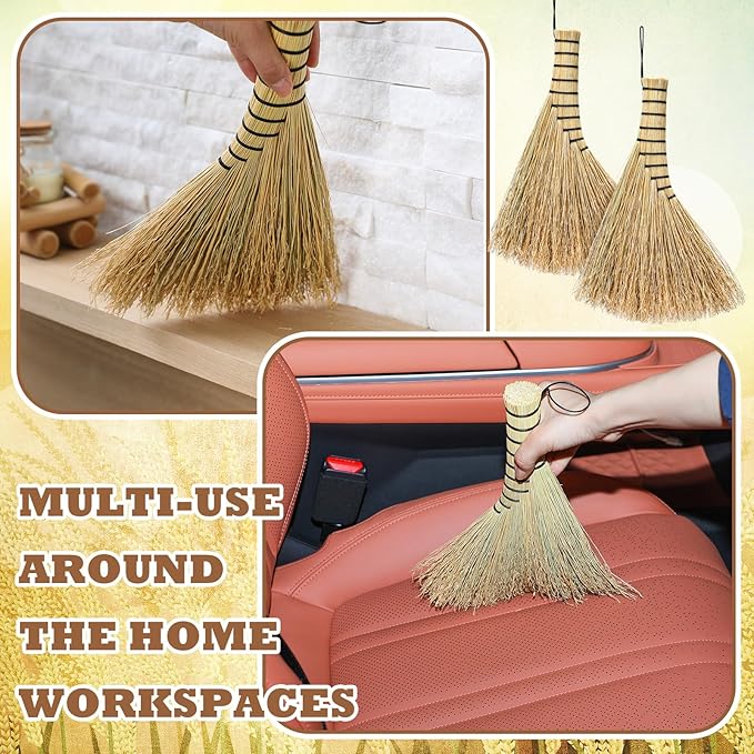 Suclain 2 Pcs Small Corn Whisk Brush Broom 100% Handmade 12 Inch Handheld Brush Whisks Natural Corn Short of Asian Whisk Broom with Nylon Thread Handle for Household Sweeping Indoor Outdoor (Style B)