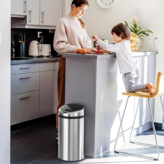 iTouchless 8 Gallon Touchless Kitchen Trash Odor Control System Stainless Steel Round Garbage Bin for Home or Office Sensor Can 08 Gallon