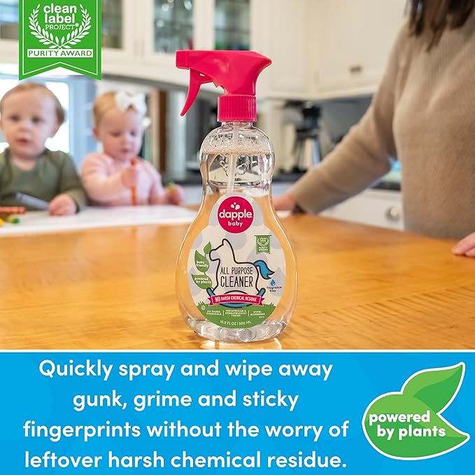 Dapple Baby All Purpose Cleaning Spray Hypoallergenic for Toys High Chairs Swings Counters Powered by Plants 1 Pump Included Fragrance Free 16.9 Fl Oz (Pack of 2) + 30 Count Wipes
