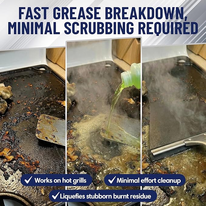 Griddle-Whiz Grill &amp Griddle Cleaner (4-Pack) | Removes Grease Food Residue Burnt On Organics | High Heat Flat Top Grill Cleaner Food Contact Surface | Non-Caustic Formula by FryOilSaver (32oz)