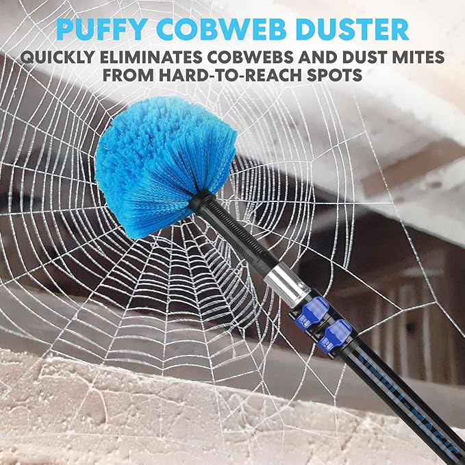 Simpli-Magic 5-to-12 Foot Cobweb Duster with Extension Pole Combo (20 Ft Reach Medium-Stiff Bristles) Spider Web Brush with Pole - Hand-Packaged Lightweight 3-Stage Aluminum Pole