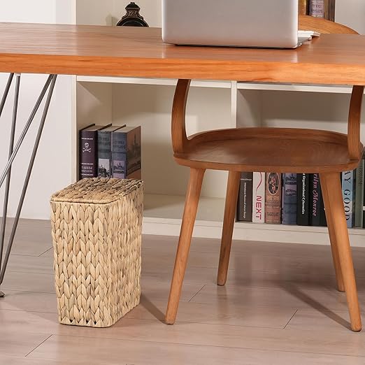 Wicker Trash Can Bathroom Trash Can with Lid 3 Gallon Natural Water Hyacinth Waste Basket with Removable Liner for Bedroom Living Room Toilet Under Sink