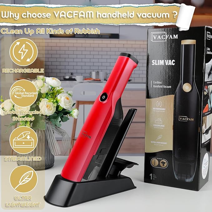 Handheld Vacuum Cordless15KPA High Power SuctionUSB Quick ChargeCar Vacuum Cleaner with Storage DockLightweight Rechargeable Dust Buster with Crevice Tool Pet Brush Hand Vac for HomeRed