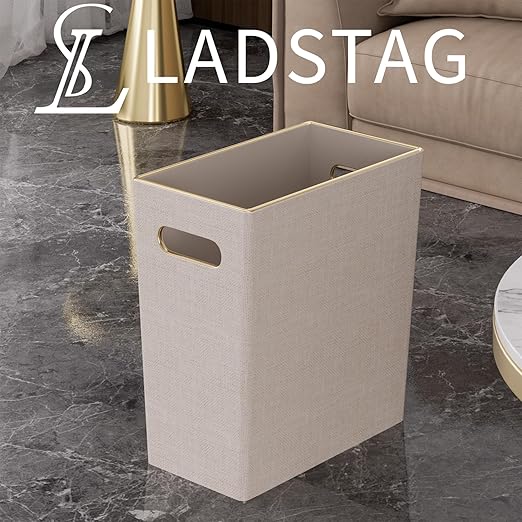 Beige White Trash Can Waste basket3/4 Gallon Office Pu Leather Wastebasket with Gold-Tone Edging Decoration for Bathroom Garbage Cans for Toilet Bedroom Living Room Office home modern decor