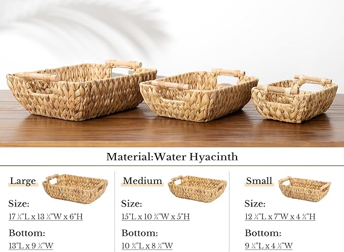 StorageWorks Hand-Woven Small Wicker Baskets Water Hyacinth Storage Baskets with Wooden Handles 2-Pack