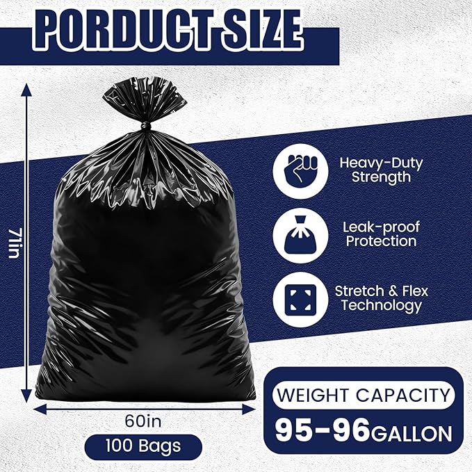 100 Count 95-96 Gallon Heavy Duty Trash Bags Extra Large Black Garbage Can Liners for Construction &amp Outdoor Trash Cans 1.2 Mil Thick 60'' x 71''