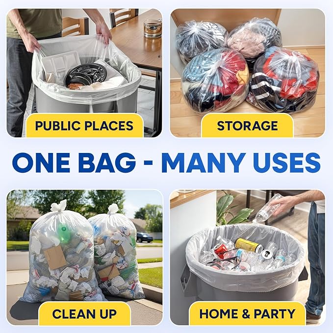 (Pack of 500) Plexon Transparent Trash Bags Clear Trash Bags - 20-30 Gallon 30W x 37L 8 Micron - Clear Garbage Bags High-Density Garbage Can Liners Fits Square and Round Trash Cans