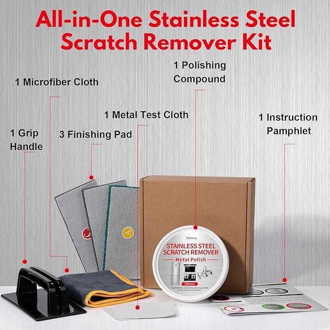 Stainless Steel Scratch Remover Kit Removes Deep Scratches from Sinks Ranges Fridges Stoves &amp Appliances Restores Like-New Finish for Non-Coated Stainless Steel with 3 Pads Compound Handl