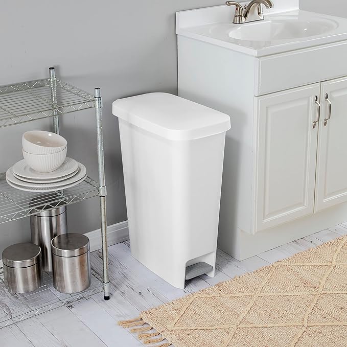 Sterilite 11 Gallon Slim StepOn Wastebasket with Lid Hands-Free Space-Saving Trash Can for the Kitchen or Bathroom White 4-Pack
