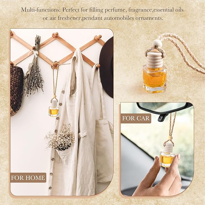 Zubebe 500 Pcs Hanging Car Diffuser Bottles Bulk 5 Styles Empty Glass Refillable Air Freshener Bottles with Wooden Cap for Perfume Essential Oils Fragrance Aromatherapy Ornament 8ml 10ml