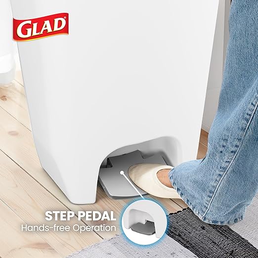 Glad 13 Gallon Trash Can | Plastic Kitchen Waste Bin with Odor Protection of Lid | Hands Free with Step On Foot Pedal and Garbage Bag Rings 13 Gallon White