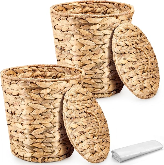 Ctosree 2 Pcs Wicker Trash Can Basket Woven Waste Basket with Lid Bathroom Wastebasket Garbage Bin with 100 Pieces of Trash Bags for Bedroom Farmhouse Home Office Kitchen(Medium)