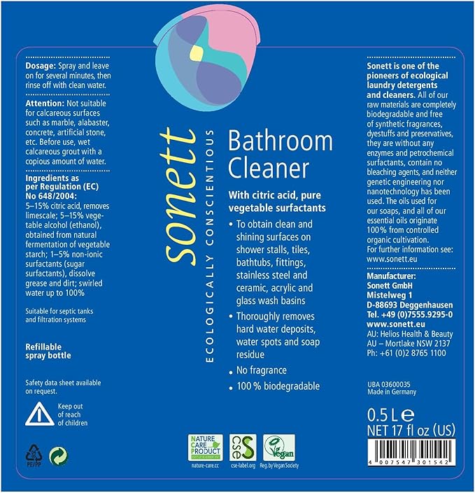 Sonett Organic Bathroom &amp Shower Cleaner Spray Removes lime scale deposits in hard-to-reach places and cleans fittings stainless steel floor tiles and shower walls (17 fl. oz. Pack of 6)