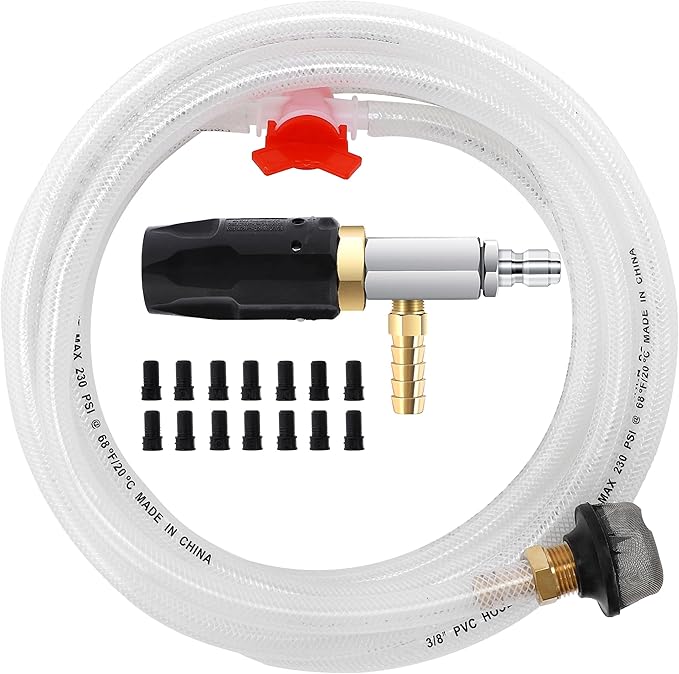 JOEJET Downstream Injector for Pressure Washer Adjustable Chemical Injector Kit Variable Power Washer Long Range Nozzle External Injection 15 FT Siphon Hose 2-2.5 GPM
