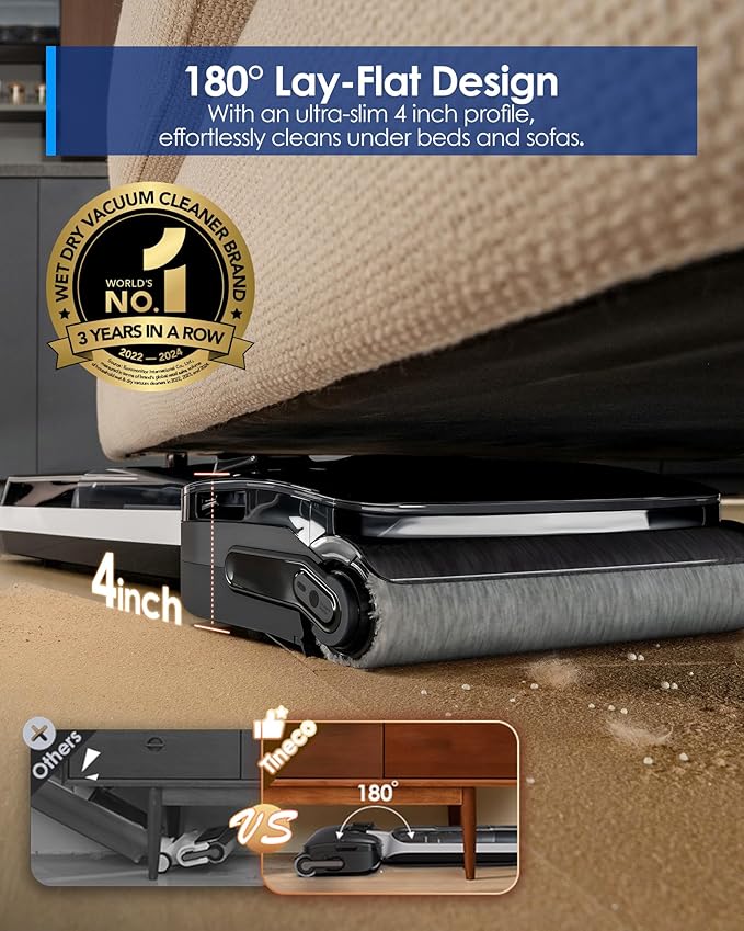 Tineco Floor ONE S6 Master Wet Dry Vacuum Cleaner 20kPa Suction Vacuum Mop with Dual-Edge Cleaning 45 Min Runtime (Quite Mode) 185°F Flashdry 4inch Ultra-Slim