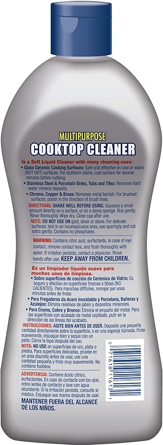 Bar Keepers Friend Cooktop Cleaner + Scraper + Dish Fish - Multipurpose Liquid Stovetop Cleanser Safe for Use on Glass or Ceramic Cooking Surfaces Copper Brass Chrome Stainless Steel &amp Porcel
