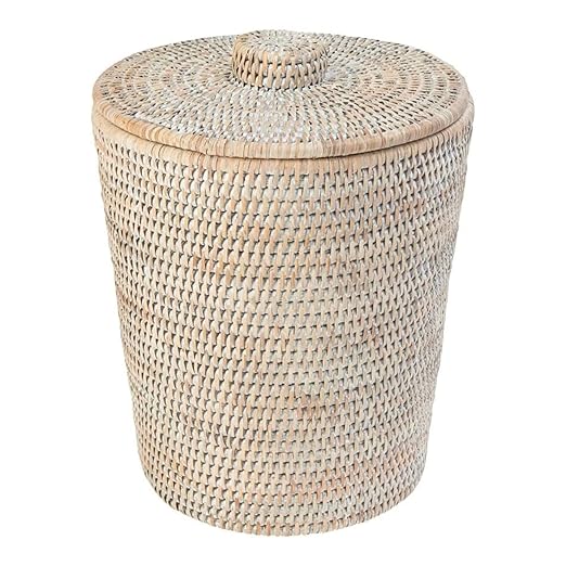 KOUBOO La Jolla Rattan Round Waste Basket With Lid &amp Plastic Insert 2 Gallon Woven Wastebasket for Bathroom Kitchen Office Living Room &amp Home Decor White Wash