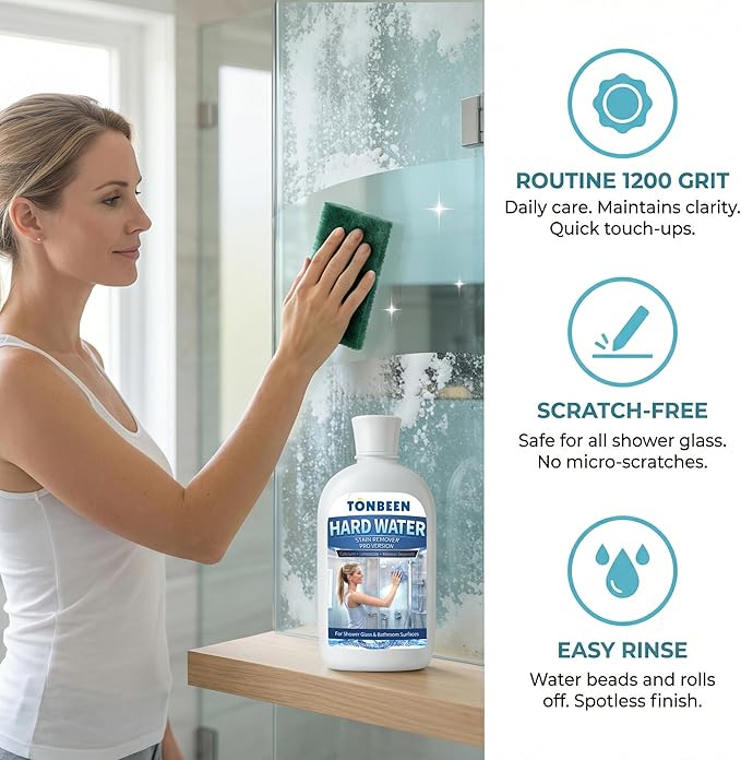 Hard Water Stain Remover Paste with Polishing Pads Calcium &amp Limescale Cleaner for Shower Glass Shower Doors &amp Tiles Includes 800 &amp 1200 Grit Pads 500ml 16.9fl oz