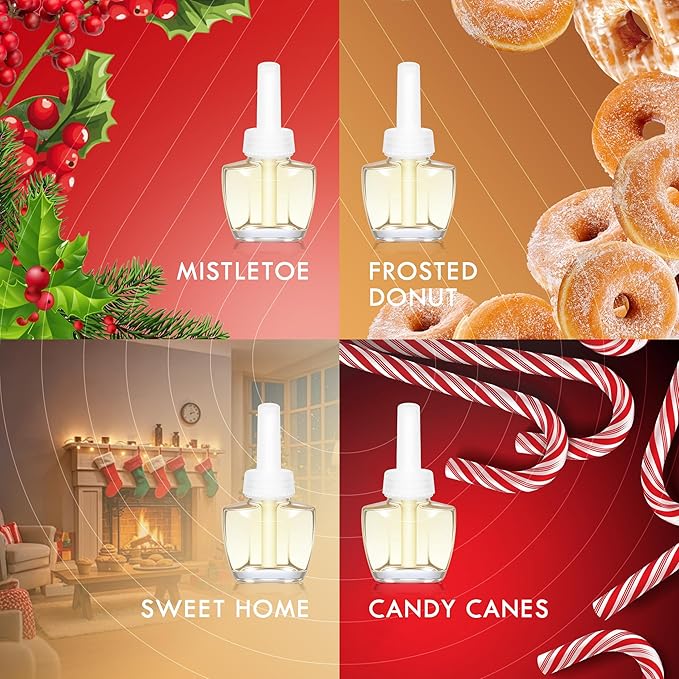 Plug-In Air Freshener Refills 12 Pack – Sweet Home Frosted Donut Mistletoe &amp Candy Canes Scents – for Home &amp Bathrooms – Compatible with Air Wick &amp Glade Not Include Glade Plus