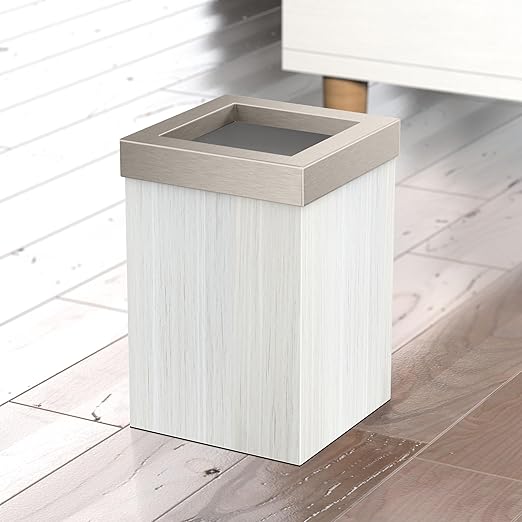 Gatco Small Bathroom Trash Can with Lid Square 3 Gallon Wastebasket Under Sink White Oak with Satin Nickel for Bathroom Bedroom Office (1936SN)