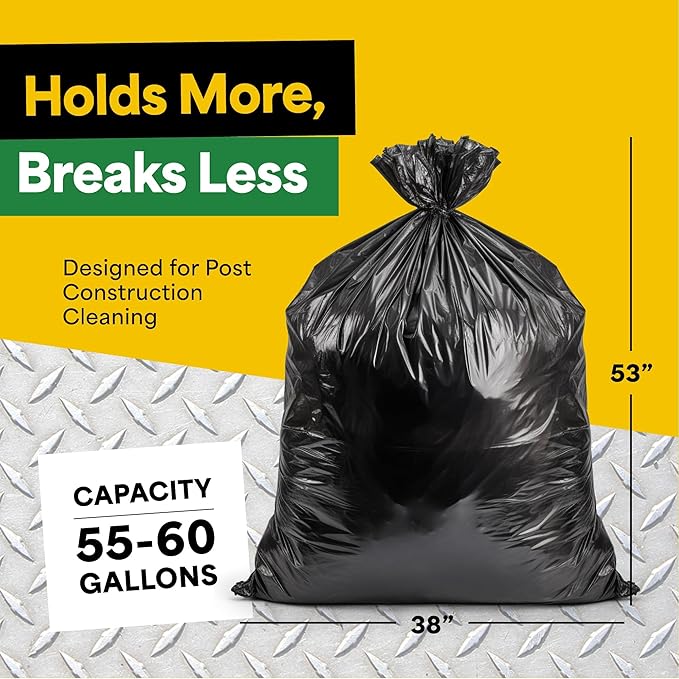 EconoHome 55-60 Gallon Contractor Garbage Bags - 2.8 Mil Extra Thick Heavy Duty Trash Bags for Construction Lawn &amp Yard Cleanup Demo &amp Commercial Use - Made in USA - 38x53 - 150-Count